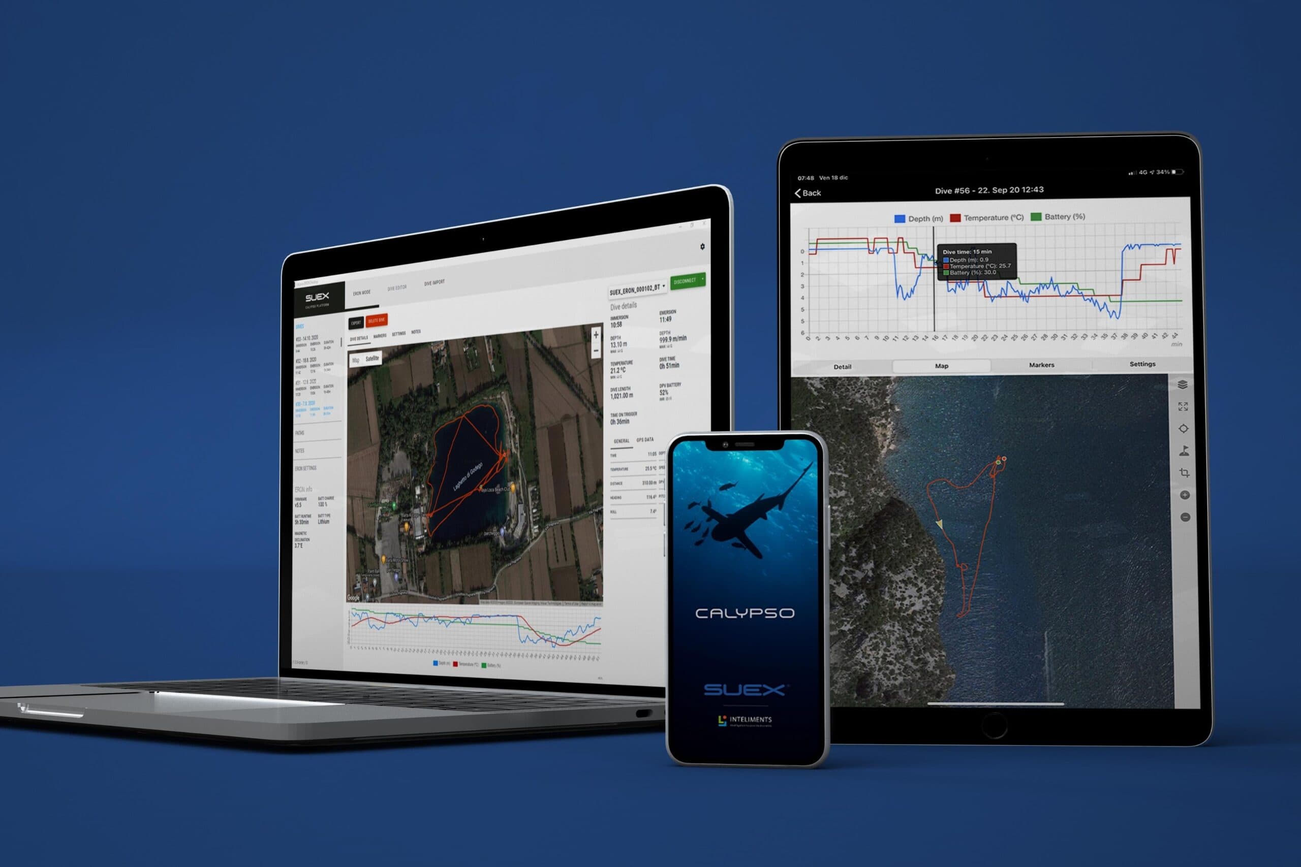 The SUEX Calypso platform on laptop, tablet and smartphone: dive map, depth charts and DPV data