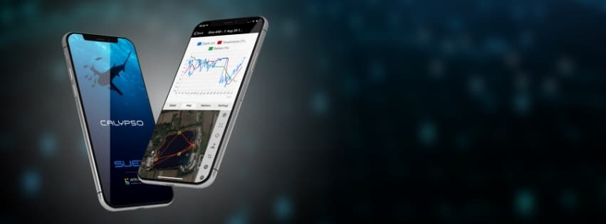 Two smartphones running the Calypso app: the start screen and a dive track on a satellite map